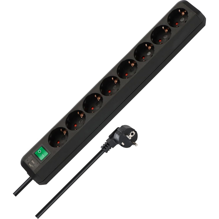 Розетка Brennenstuhl Eco-Line 8-місна (розетка з підвищеним захистом від дотику, вимикачем і кабелем 3 м) чорна Чорна Одномісна