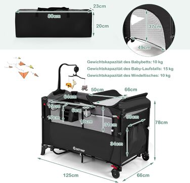 Дитяче ліжечко COSTWAY 5-в-1 120 x 60 см, 2-рівневе дорожнє ліжечко з матрацом, пеленальний килимок, іграшки, музична скринька та сумка для перенесення, складне бічне ліжко, мобільне, 4-рівневе регулювання для дітей вагою до 15 кг (чорне)
