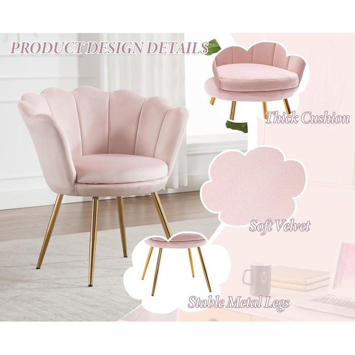 Оксамитове крісло для вітальні, крісло для туалетного столика із золотою основою, м&39який квітковий візерунок, крісло-шезлонг, крісло-реклайнер для вітальні/спальні, світло-рожевий