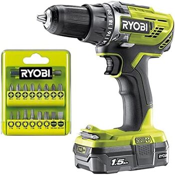 Акумуляторний шуруповерт Ryobi R18DD3-115GA17 18V ONE система з зарядним пристроєм, акумулятором 1,5 Ач та набором насадок в компл