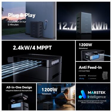 Сонячна балконна електростанція Marstek Venus A з накопичувачем/інвертором/лічильником, 0 ПДВ, сонячний акумулятор LiFePO4 ємністю 2120 Втгод, 4 MPPT-термінали на вході 2,4 кВт та на виході 1,2 кВт, 6000 циклів зарядки, керування через додаток, IP65, 2120