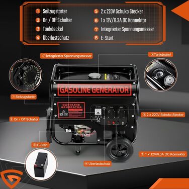 Тактний бензиновий генератор, електричний стартер 5000 Вт, аварійний генератор 12 к.с. з автоматичним регулюванням напруги (ARV), 2 розетки 230 В, 1 розетка 12 В, бак 15 л, 50 Гц, CE, портативний на колесах, для кемпінгу, будівельних майданчиків та дому, 
