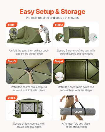 Розкладний павільйон VEVOR, 3,6x3,6 м, великий 6-сторонній кемпінговий намет зі знімним дахом та сумкою для перенесення, намет для вечірок, сонцезахисний тент на 8-10 осіб, для саду та тераси, зелений