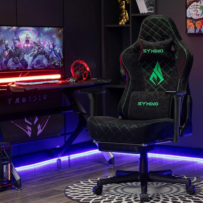 Ігрове крісло Symino, ергономічне офісне крісло, дизайн гоночного крісла для ПК, вінтажна штучна шкіра, регульоване поворотне робоче крісло з підставкою для ніг (чорне)