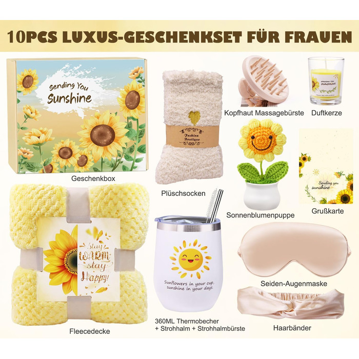 Подарунки LIVEHITOP для жінок, подарунок на день народження для жінок із соняшником, подарунковий набір із 10 предметів із фланелевою ковдрою для мами, сестри, дівчини, День святого Валентина, День матері, Різдво