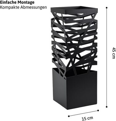 Металева підставка для парасольки преміум-класу Dnges з піддоном для крапель і гачком Компактний 15x15x45 см Підставка для парасольки в елегантному чорному кольорі Монтаж без інструментів Ідеально підходить для парасольок, туристичних палиць