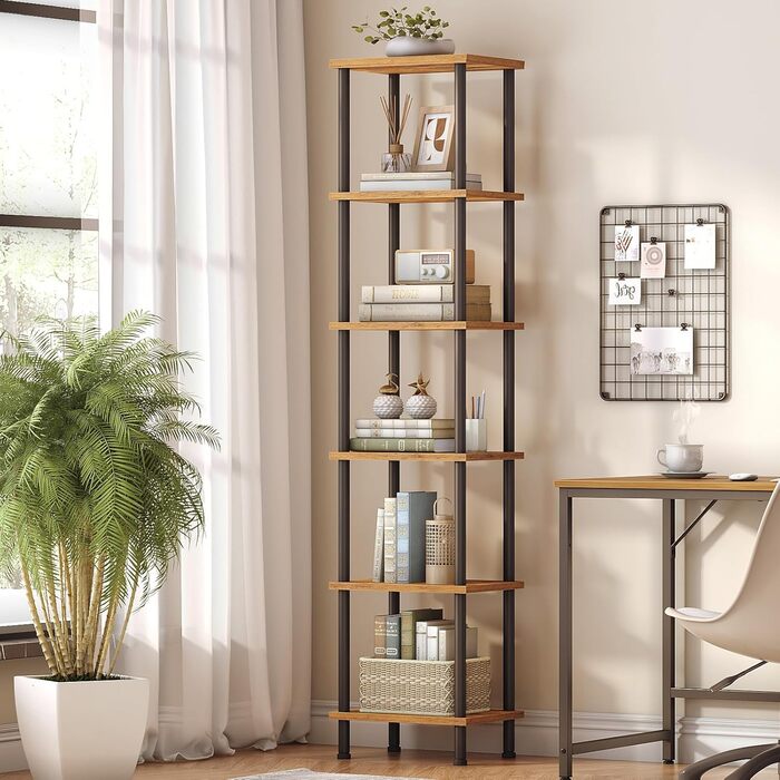 Ярусна книжкова полиця HOOBRO, окремостояча полиця в ретро стилі, полиця для DVD, офісна полиця, відкриті полиці, легке складання, для вітальні, офісу, вінтажний коричневий та чорний EBF165SJ01 38 x 28 x 166,5 см, рустикальний коричневий чорний, 6-