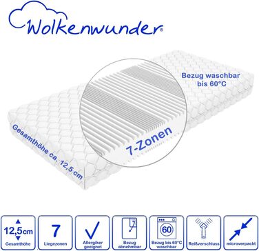 Матрац Wellflex Multi з 7 зонами з піни Чохол, який можна прати Гігієнічний Легкий у догляді (жорсткий, 90 x 200 см - 12,5 см)