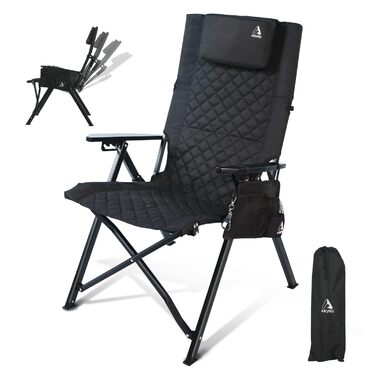Складаний кемпінговий стілець, висока спинка, регульована спинка в 4 положеннях, до 150 кг, садовий стілець з тримачем для напоїв та бічною кишенею, рибальський стілець, вуличний стілець для кемпінгу, саду, балкону (чорний)