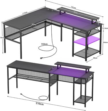 Г-подібний ігровий стіл, 14117x76 см, комп&39ютерний стіл з відділенням для зберігання речей, офісний стіл з двостороннім кутовим столом для навчання, ігровий, домашній офіс, чорний