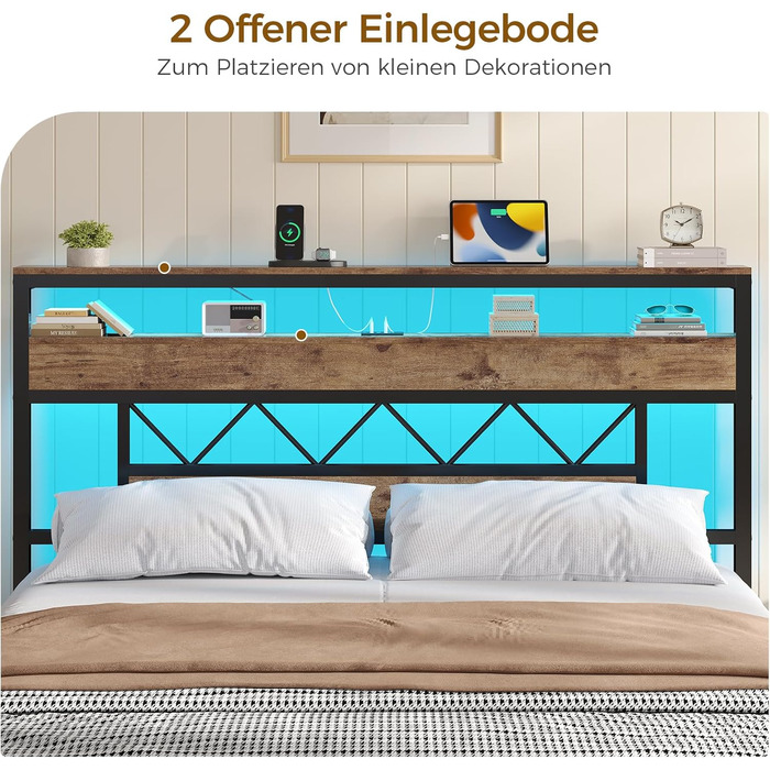 Ліжко 140x200 зі світлодіодним освітленням, каркас ліжка 140x200 з металевою рейковою основою, металеве ліжко з розеткою, дерев&39яне узголів&39я з 2 відкритими полицями, місце для зберігання речей під ліжком, спальня, вінтажний коричневий 140 x 200 см