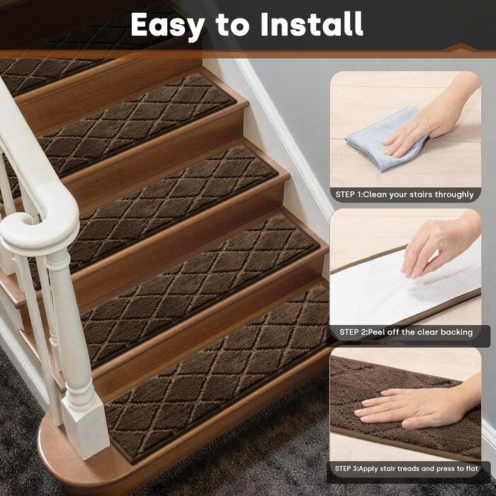 Килимки для сходів JOENIE, нековзні, для приміщень, 76,2 x 20,3 см, доріжки для дерев&39яних сходів, окантовка, килимки для сходів для дітей та собак, 100 поліестер, основа TPR (коричневі, 12 шт. ) коричневі 12 шт.