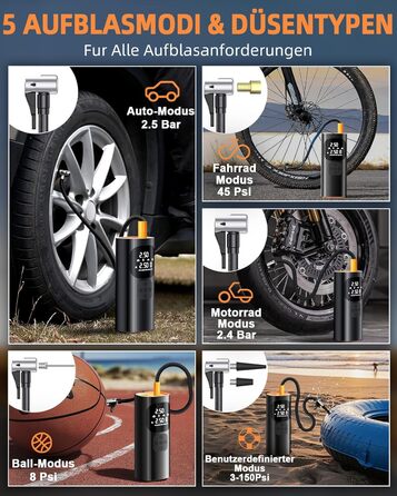 Електричний повітряний насос, міні-компресор, 160x70x50 мм, 10.3 бар / 150 PSI, ABS-пластик/метал, чорний