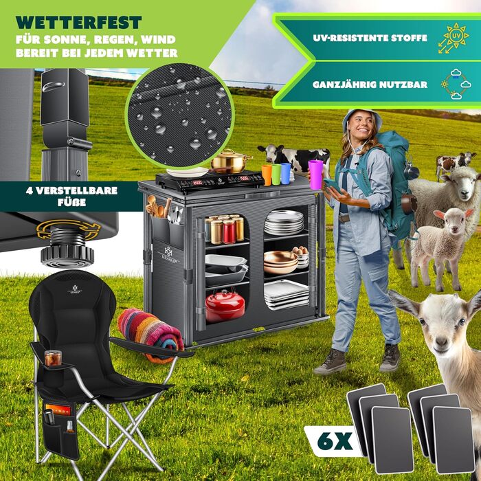 Складана кемпінгова кухня KESSER Кемпінгова шафа для вулиці 84x80 см Кухонна шафа з алюмінієвим каркасом, 6 полиць, включаючи набір чашок з 4 предметів, бічні кишені та москітну сітку Кемпінгова кухня виготовлена з тканини, стійкої до ультрафіолету, 6 пол