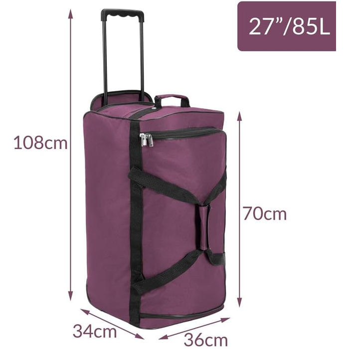 Валіза на колесах 85 літрів, функція тролі, телескопічна ручка, 70x36x34 см, стійкі ніжки, XL велика мяка сумка для подорожей, фіолетовий колір, 85л 70 x 36 x 34 см (ДxШxВ)
