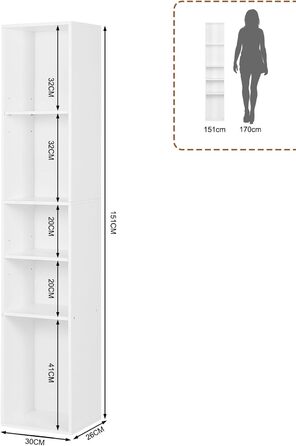 Книжкова полиця WOLTU, відкрита полиця з 5 кубиками, кубічна полиця, роздільник кімнати, полиця для документів, вузька полиця для зберігання, для вітальні, офісу, виготовлена з деревного матеріалу, біла, 30x1526 см, SK034ws 5 полиць (26Г x 30Ш x 151В см) 