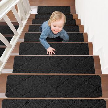Килимки для сходів 55x19 см, самоклеючі протиковзкі килимки для сходів для використання в приміщенні, багаторазові, можна різати для дерев&39яних сходів, ідеально підходять для дітей, людей похилого віку, домашніх тварин (чорні з ромбоподібним візерунком)