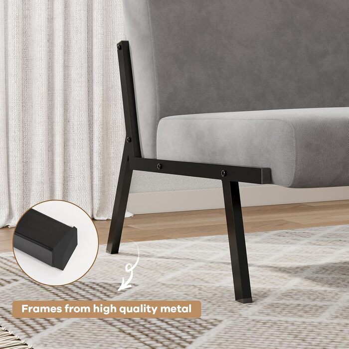 Двомісний диван Dripex, сучасний тканинний диван з металевим каркасом, диван-ліжко зі спинкою, двоспальний диван для вітальні/спальні, вантажопідйомність 150 кг, 112 x 75 x 68 см, сірий