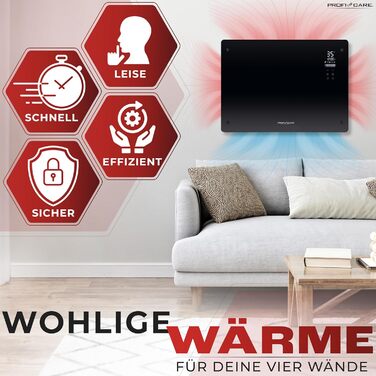 Електричний обігрівач ProfiCare зі скляною передньою частиною та X-подібним нагрівальним елементом портативний обігрівач, також підходить для настінного монтажу конвекторний обігрівач з 2 режимами нагріву безшумний нагрів - 0 дБ PC-GKH 3118 чорний