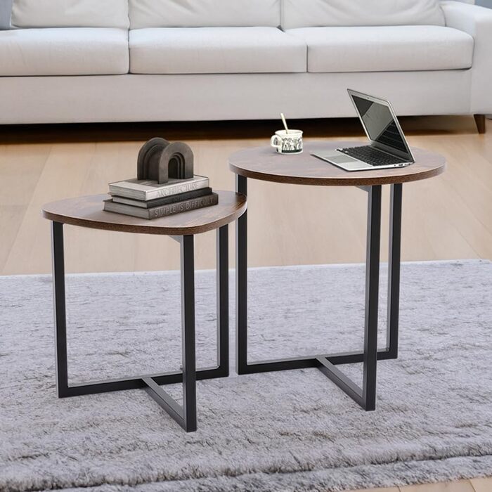 Комплект журнальних столиків із 2 шт. Журнальні столики у вінтажному промисловому дизайні, металевий каркас та МДФ, вбудовані столики для вітальні, сучасні круглі та трикутні, коричневі, 45 x 48 см
