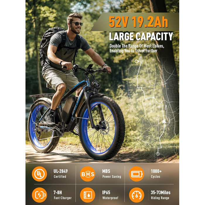 Електричний велосипед V7 для дорослих, гірський електровелосипед 264.0 дюймів з товстими шинами, акумулятор 52 В 19.2 Аг, гідравлічні гальма, 21-швидкісний електровелосипед