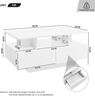 Журнальний столик Merax глянцевого білого кольору, стіл для вітальні зі світлодіодним підсвічуванням, журнальний столик з 2 шухлядами, відкриті відділення, стильний столик для дивана, бічний столик, чайний столик, елегантний прямокутний центральний столик