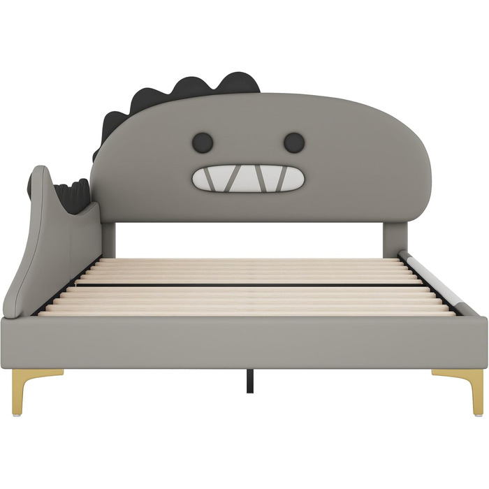 Ліжко 140x200 з рейковою основою, дитяче двоспальне ліжко, форма динозавра, каркас ліжка, молодіжне ліжко, ліжко для хлопчиків та дівчаток, ПУ, без матраца, 140 x 200 см, сірий