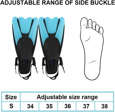 Ласти для снорклінгу, регульовані ласти для дайвінгу, короткі з сумкою для перенесення, ласти для плавання для дітей та дорослих, розмір 34-38, легкі дорожні ласти для плавання та снорклінгу, сині, S