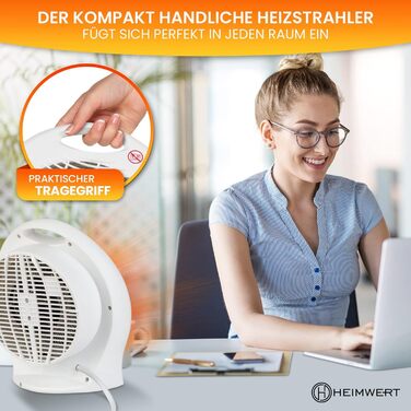 Енергозберігаючий вентилятор-обігрівач 2000 Вт - Швидкий нагрів з режимом енергозбереження та ручкою для перенесення - Електричний обігрівач з термостатом та 2 режимами нагріву Функція охолодження 2 в 1 22x29x13 см (білий)