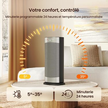 Енергозберігаючий електричний вентилятор-обігрівач, 1500 Вт з термостатом, коливальний електричний нагрівальний елемент 70, керамічний нагрівач PTC, тиха робота, режим ECO, 24-годинний таймер, захист від перегріву та перекидання, 41 см, сріблястий