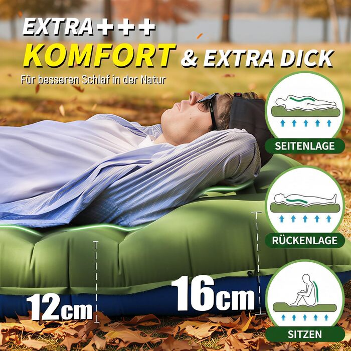 Килимок для сну для кемпінгу, потовщений надувний матрац 12 см для кемпінгу, надувний матрац з ножним насосом та подушкою, надлегкий килимок для сну на відкритому повітрі для походів, пляжу, подорожей, зелений намет