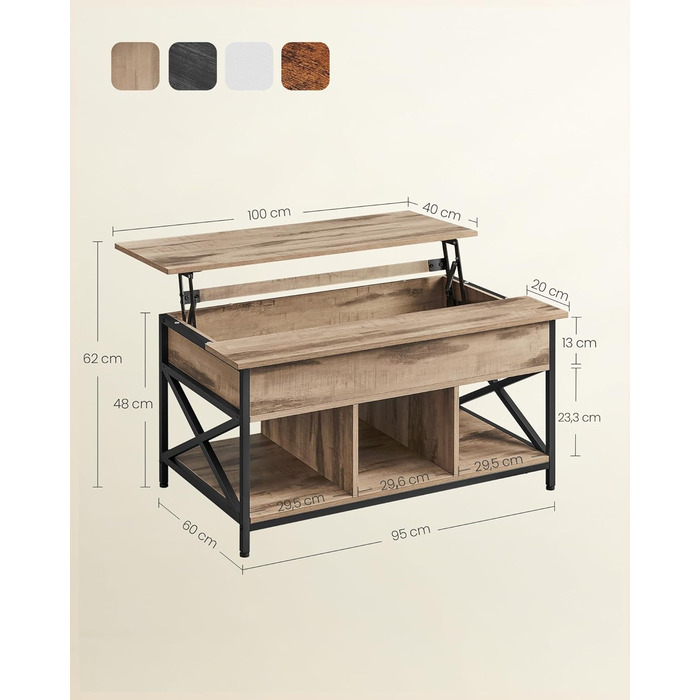 Журнальний столик VASAGLE, стіл для вітальні з регульованою висотою, журнальний столик, відкрите та приховане місце для зберігання, X-подібні стійки, 60 x 100 x (48-62) см, колір верблюжого коричневого та чорного кольорів LCT205K50 60 x 100 x (48-62) см, 