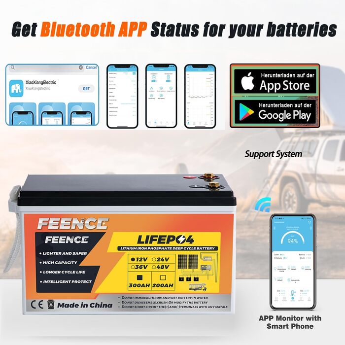 Акумулятор, 200A BMS Bluetooth літій-іонний акумулятор 12V 300Ah, до 15 000 циклів, максимальна енергія 3840 Втгод з низькотемпературним відключенням, ідеально підходить для автофургонів, сонячних батарей, тролінгових двигунів 12V 300AH LiFePO4, 12V 300Ah