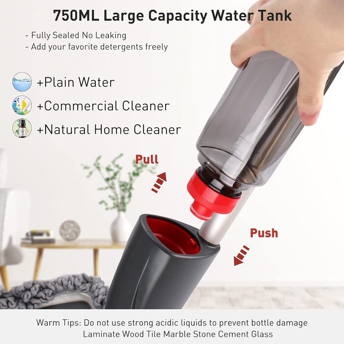 Швабра Homgif Spray Mop 135 см з функцією розпилення, швабра для підлоги з функцією розпилення 750 мл, домашня кухонна швабра для