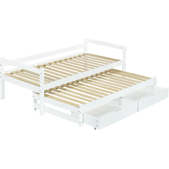 Диван-ліжко Merax 90x200 см, кушетка з 2 шухлядами, дитяче ліжко, функціональне ліжко з рейковою основою, висувне односпальне та двоспальне ліжко, каркас з масиву дерева, для дівчаток та хлопчиків, біле висувне ліжко 90 x 200 см