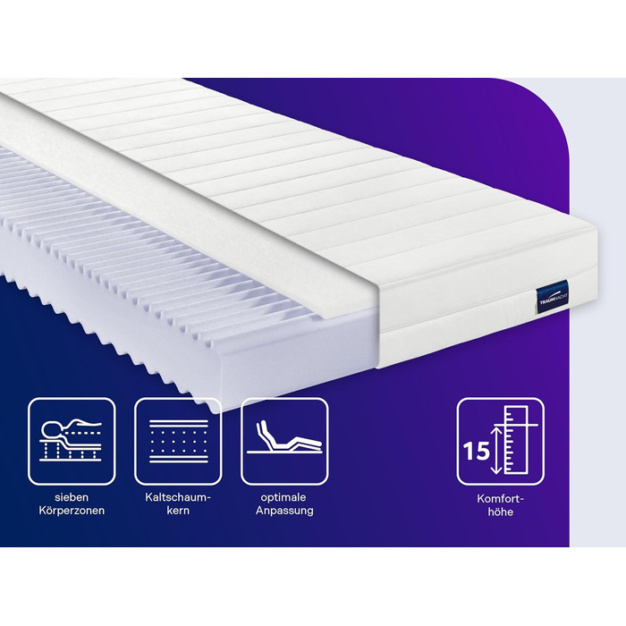 В 1 Duo - ортопедичний 7-зонний матрац з холодної піни, рівні жорсткості 2 та 3, сертифікований Oeko-Tex, 90 x 200 см, висота 15 см, виготовлений за німецькими стандартами якості, 2