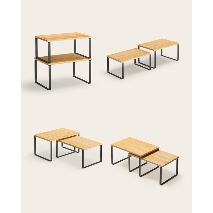 Стійка для спецій, Набір з 4 шт. , Кухонна полиця, Кухонний органайзер, Розширювана, Штабельований тримач для спецій, З металевою рамкою, 19,5 x 29,7 x 15,8 см, Чорнило-чорний - Натуральний бежевий KCS10NB Чорнило-чорний Натуральний бежевий 29,7B см