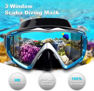Набір для сноркелінгу, спорядження для сноркелінгу для дорослих, професійна маска для сноркелінгу з антизапотіванням, суха маска для фрідайвінгу, сноркелінгу, плавання, синій комплект для сноркелінгу - Panorama 3