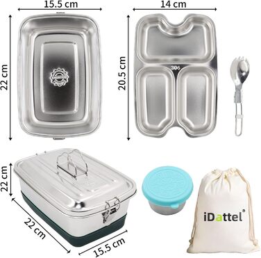 Ланчбокс iDattel з нержавіючої сталі, 2000 мл герметичний контейнер для обіду з роздільниками та силіконовою прокладкою, без BPA. Ідеально підходить для пікніків, школи, роботи. Металевий ланчбокс з текстильним чохлом для дорослих та дітей.