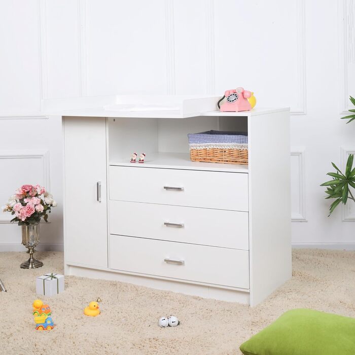 Пеленальний столик ecomi, дитячий комод з дерева з пеленальною тумбою, 3 шухляди, 1 дверцята, висота 100 см, білий колір, пеленальний столик 113x100 см, хромовані ручки