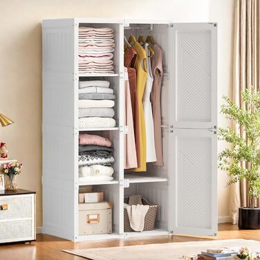 Складана шафа з 5 кубіками, 1 рейкою для одягу, швидке складання, універсальна шафа для вітальні/спальні (Білий, 50x69x136 см) Білий, 50x69x136 см