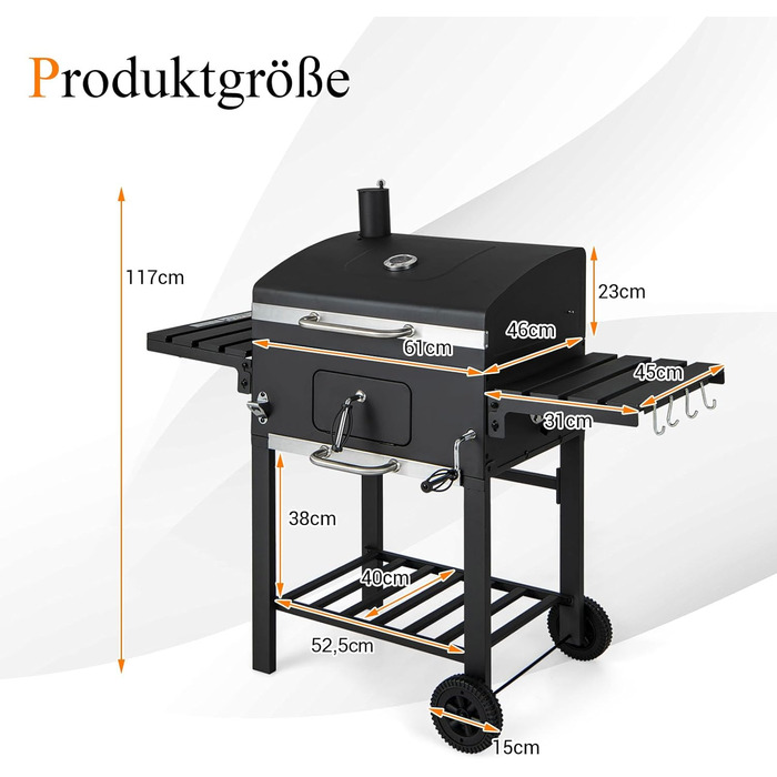 Мангал GOPLUS з кришкою, візок для барбекю на 2 колесах з 2 відкидними боковими столиками, 8 гачками, термометром і відкривачкою д