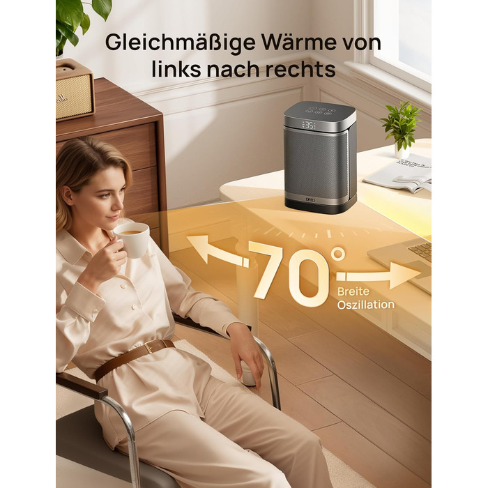 Енергозберігаючий малий електричний вентилятор-обігрівач Dreo, 1500 Вт з термостатом, коливальний електричний нагрівальний елемент 70, керамічний нагрівач PTC, тихий, режим ECO, 12-годинний таймер, захист від перегріву та перекидання, стандартний срібляст