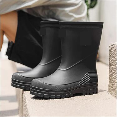 Чоловічі гумові чоботи, водонепроникні гумові чоботи, середній підйом, товста підошва, нековзні, ідеально підходять для кухні, активного відпочинку та риболовлі, чорні, розмір ЄС 40