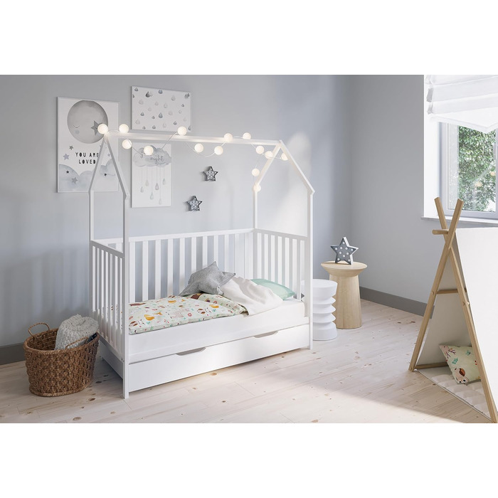 Дитяче ліжко-ліжко-будиночок FabiMax з шухлядою, біле лаковане, 140x70 см, виготовлене з масиву сосни (матрац Comfort, з шухлядою)