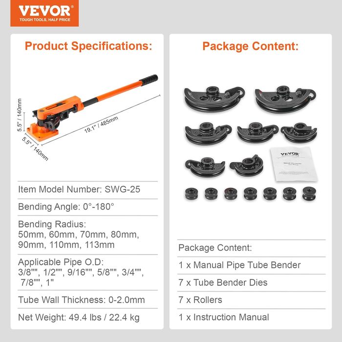 Трубогиб VEVOR Ø10-25мм (7 матриць) Ручний трубогиб 0-180 Ручний трубогиб з радіусом вигину 50-113мм Трубогиб для мідних, алюмінієвих, нержавіючих труб з товщиною стінки від 0 до 2мм Помаранчевий/рівномірно червоний з зигзагоподібним візерунком (шеврон за