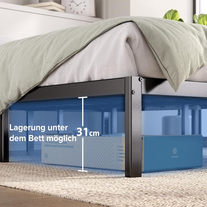 Каркас ліжка Zinus Elias 140x200 см - Металеве ліжко 140x200 з металевою рейковою основою - Платформа заввишки 36 см з простором під нею - Не потрібна пружинна основа - Легке складання - Чорний