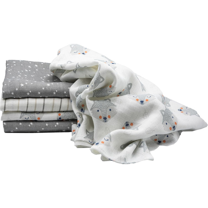 Муслінові серветки Clever Kids упаковка 5 лисичка світло-сіра та зірочки Oeko-TEX подвійне плетіння 70x80 серветки для відрижки (л