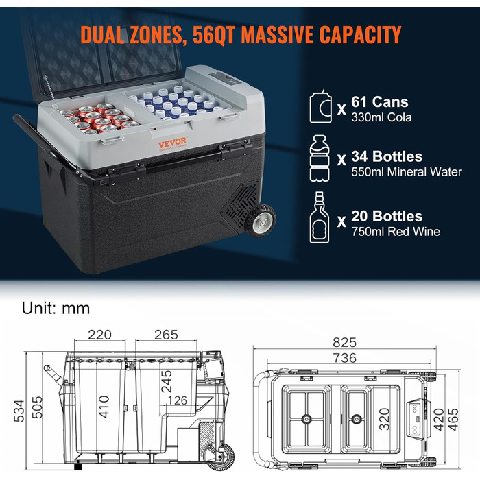 Кемпінговий холодильник VEVOR 53 л Cool Box, 12/24 В рухома електрична морозильна камера 2 в 1 з двома зонами, автомобільний компр