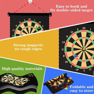 Магнітна мішень для дартсу LiRiQi для дітей з 12 безпечними дротиками, ігри для приміщень та вулиці для дітей/дорослих, двостороння мішень для дозвілля та спорту, подарунки для дітей 4-12 років, 38 см, 2 гачки